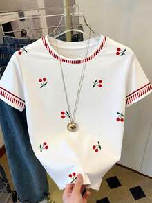 Women's Casual T-Shirt, Gray, New Summer Design, Round Neck, Sweet Cherry Print, Graphic Design, Student Style, Versatile Minimalist Fit, Suitable For Daily Wear, Outdoor Activities, Travel, Comfortable, Essential For Women - 紅色 - 查看 1