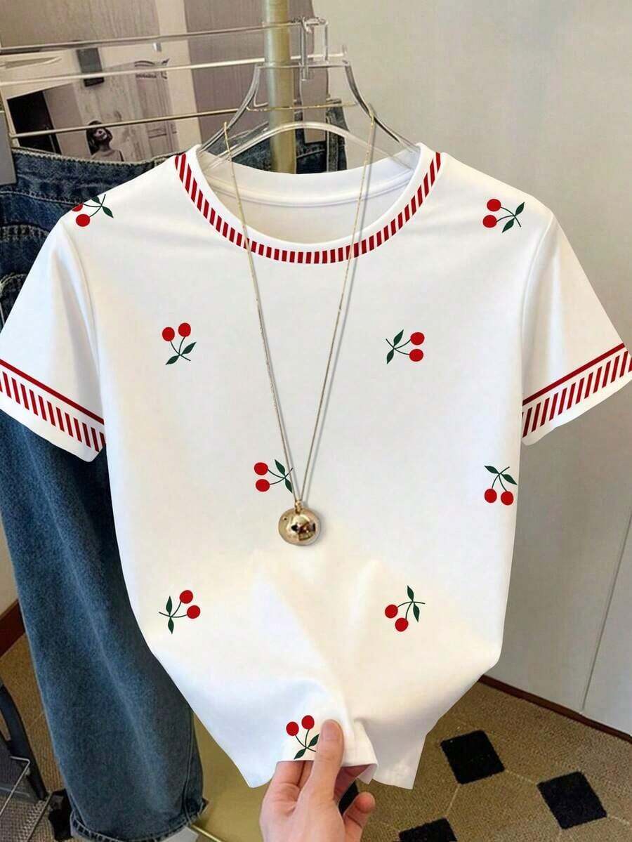 Women's Casual T-Shirt, Gray, New Summer Design, Round Neck, Sweet Cherry Print, Graphic Design, Student Style, Versatile Minimalist Fit, Suitable For Daily Wear, Outdoor Activities, Travel, Comfortable, Essential For Women - 紅色 - 查看 1
