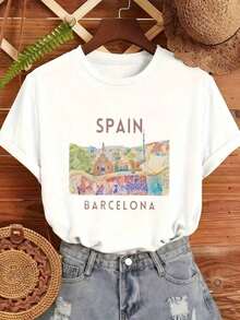 Soft 100%CottonSoft 100%CottonT-Shirt100% Pure Cotton Summer New Style Printed T-Shirt With SleevesSummer Beach T-Shirt With Barcelona Spain Illustration |   Light Brown Letters Print, Casual Crew Neck, Perfect For Summer, Beach, Travel - Great Gift For Spain LoversMachine Washable. A Gift For Relatives, Brothers, Friends, Parents, Or Teachers.Breathable Cotton Tee, All Matchcoolcool - 白色 - 查看 1