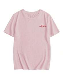 New Minimalist Summer T-Shirt, Printed With Italian Lettering About Wine And Pasta, Round Neck, Short Sleeves, Casual And Versatile. Women's Top, White - 糖果粉紅色 - 查看 4