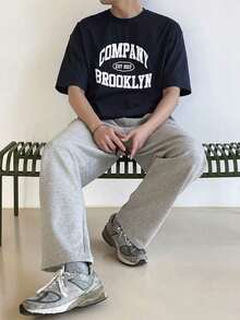 Men's Summer T-Shirt With Letter Print And Drop Shoulders - 藏蓝色 - 查看 4