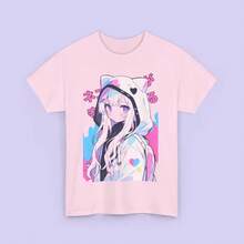 Vintage Pastel Cat Ear T-Shirt For Girls | Cute Comic Book Girl | Harajuku Style Japanese Streetwear | Unisex Loose Fit | Kawaii Anime | Anime Fashion Items - 白色 - 查看 7