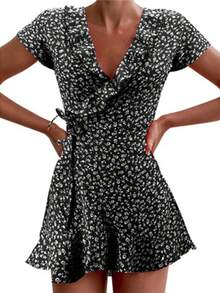 Vestido acampanado Floal de verano para mujer, Vestido corto ajustado con volantes florales y cuello en V para mujer, minivestido elegante con flores - Rojo - Ver 3