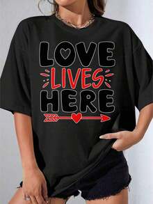 Black And White T-Shirt For Girls, Oversized T-Shirt With Heart And Arrow Print "White Love Lives Here", For Everyday Casual Wear, Outdoor Parties, Casual Printed T-Shirt - 黑色 - 查看 3