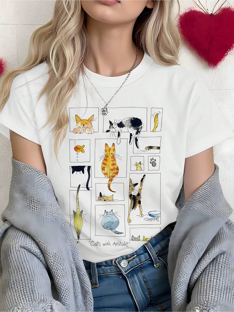Women's Short-Sleeved Cotton T-Shirt With A Printed Design. | Multiple Cats In Playful Poses, Cool Hand-Drawn Style, An Eye-Catching Item For Everyday Wear, Casual Crew Neck, Slightly Stretchy Fabric, Regular Length. 9PFY - 白色 - 查看 1