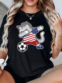 Funny Cat Wearing A Red And Blue Striped Shirt Striking A Dance Pose While Playing With A Ball, Representing Youthful Energy And Joy. Comfortable Casual Women's T-Shirt For Summer - 黑色 - 查看 1