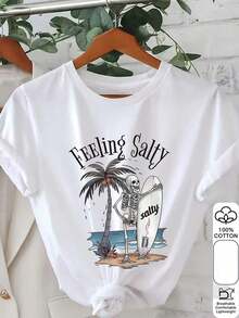 Women's 100% Cotton Graphic Print T-Shirt | Salty Feeling Skeleton Surf Beach Design, Short Sleeve Crew Neck Casual Top For Summer & Spring Machine Washable Spring Playful Design, Relaxed Fit Spring Fashion Breathable Fabric, Print Tee - Vintage Street Style Unisex Loose Cotton Short Sleeve Crew Neck T-Shirt 100% Pure Cotton - 白色 - 查看 1