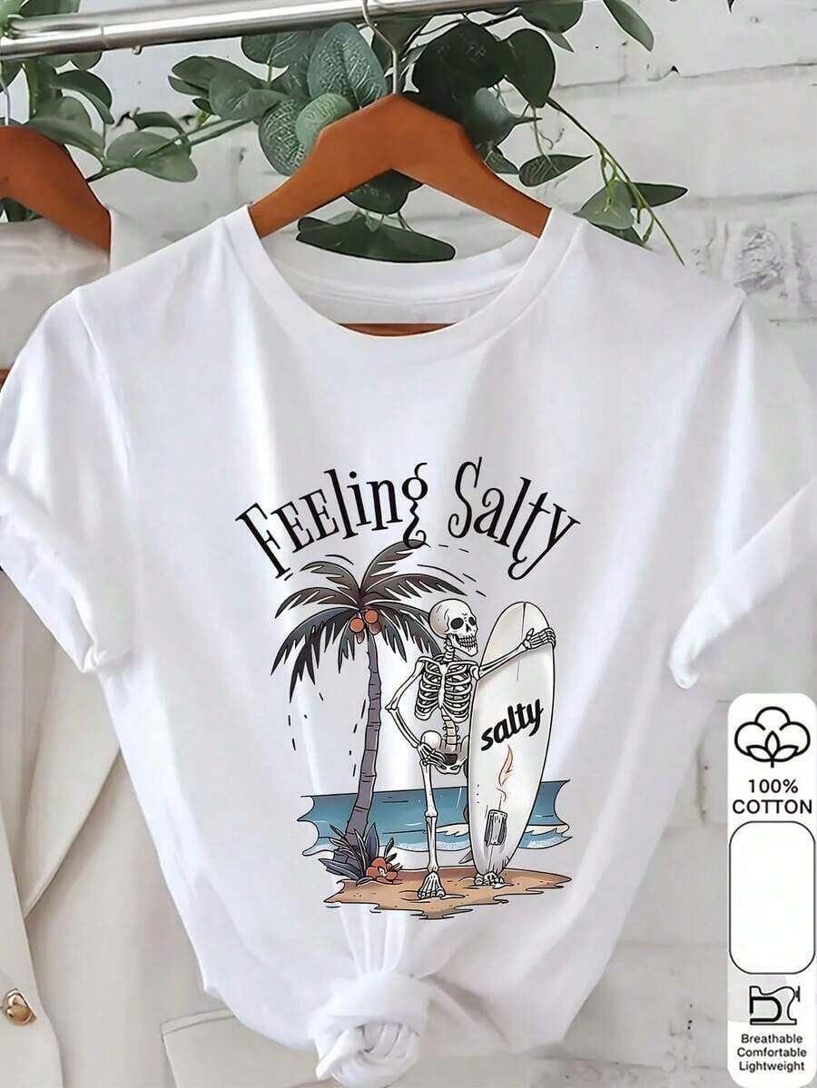 Women's 100% Cotton Graphic Print T-Shirt | Salty Feeling Skeleton Surf Beach Design, Short Sleeve Crew Neck Casual Top For Summer & Spring Machine Washable Spring Playful Design, Relaxed Fit Spring Fashion Breathable Fabric, Print Tee - Vintage Street Style Unisex Loose Cotton Short Sleeve Crew Neck T-Shirt 100% Pure Cotton - 白色 - 查看 1