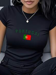 Women's T-Shirt Made Of Pure Cotton, Casual Loose Style, With Portuguese Flag Print - Short Sleeve Casual Top With Round Neck In Burgundy, Breathable And Machine Washable, Modern And Versatile For Everyday Wear, Ideal As A Gift For Travel And Holidays, Comfortable Fabric, Fashionable Design, Printed T-Shirt, Perfect For Gifting. - 黑色 - 查看 1