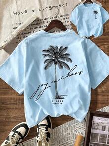 Women's Short-Sleeved T-Shirt With Round Neck And Palm Print, Summer Beachwear For Vacation. - 天藍色 - 查看 6