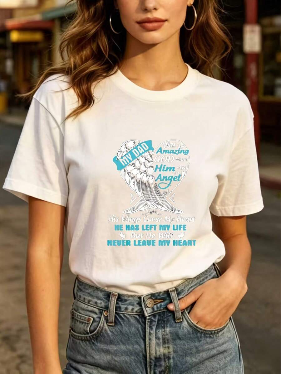 Fashionable Everyday T-Shirt - Touching Angel Wings T-Shirt For Dad - A Touching Commemorative Gift Suitable For Family And Friends, Comfortable 180g Unisex T-Shirt, Perfect For Father's Day Celebrations Or Company Team-Building Activities. - 白色 - 查看 1