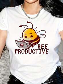 New Arrivals For Summer. Women's Funny Bee Graphic T-Shirt - Light Gray, Casual For Everyday Wear And Workouts - Soft And Stretchy Fabric - Bee Productivity Slogan - Humorous Office Gift Idea - Non-Professional Bee Design - Women's All-Season T-Shirt, Ladies' T-Shirts, Funny Print T-Shirt, Medium Stretch Fabric, Workout Clothes, Cartoon Print, Breathable Material, Short Sleeve T-Shirt, Working Woman Blouse, Shirt > Beautiful. - 白色 - 查看 10