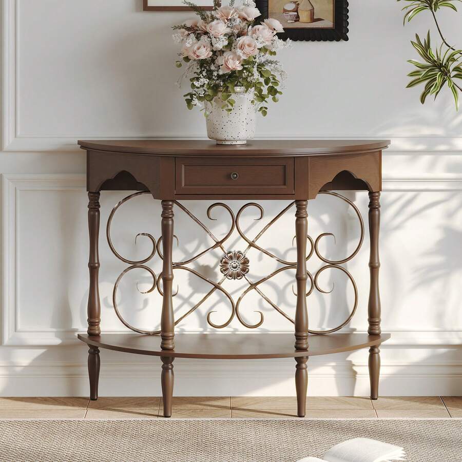 HLR Half Moon Console Table For Entryway, Minimal Assembly, Vintage Wood Accent Table With Drawer And Floral Wrought Iron, Entryway Table With Shelf For Living Room, Foyer, Hallway - 棕色 - 查看 1