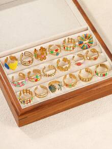 4/6/12/16pcs Stainless Steel 18K Gold Plated Mixed Pattern Rings Set, High Quality Resin Inlaid, Assorted Shapes, Adjustable Size, Random Styles, Suitable For Women Daily Decoration Or Gift - Yellow Gold - View 5