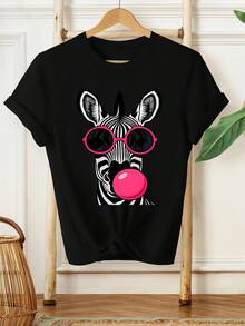Plus Size Women's T-Shirt, New Summer Zebra Print, Short Sleeve, Casual Fashion Printed T-Shirt, Stylish Women's Clothing - 黑色 - 查看 1