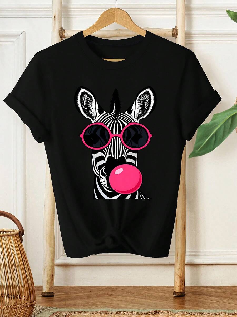Plus Size Women's T-Shirt, New Summer Zebra Print, Short Sleeve, Casual Fashion Printed T-Shirt, Stylish Women's Clothing - 黑色 - 查看 1