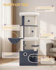 HEXCELEN 151cm Cat Tree, Multi-Level Corner Cat Tower For Indoor Cats, 3 Large Soft Platforms, 6 Sisal Scratching Posts, Large Cave, Basket, Pompoms - Dark Grey - View 3