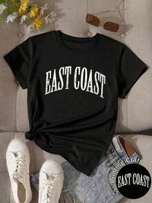 Women's Short-Sleeved T-Shirt With 'East Coast' Print In Black, Casual Round Neck, Regular Length, Loose Fit, Streetwear Style With Slight Elasticity. - 黑色 - 查看 2