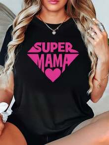 Women's Plus Size Short Sleeve Summer T-Shirt With Round Neck, Breathable And Printed, Pink With The Phrase "SUPER MAMA" And A Heart, Suitable For All Seasons, Simple, For Holiday Gifts, Daily Wear, Very Suitable For Cool Summer - 黑色 - 查看 1