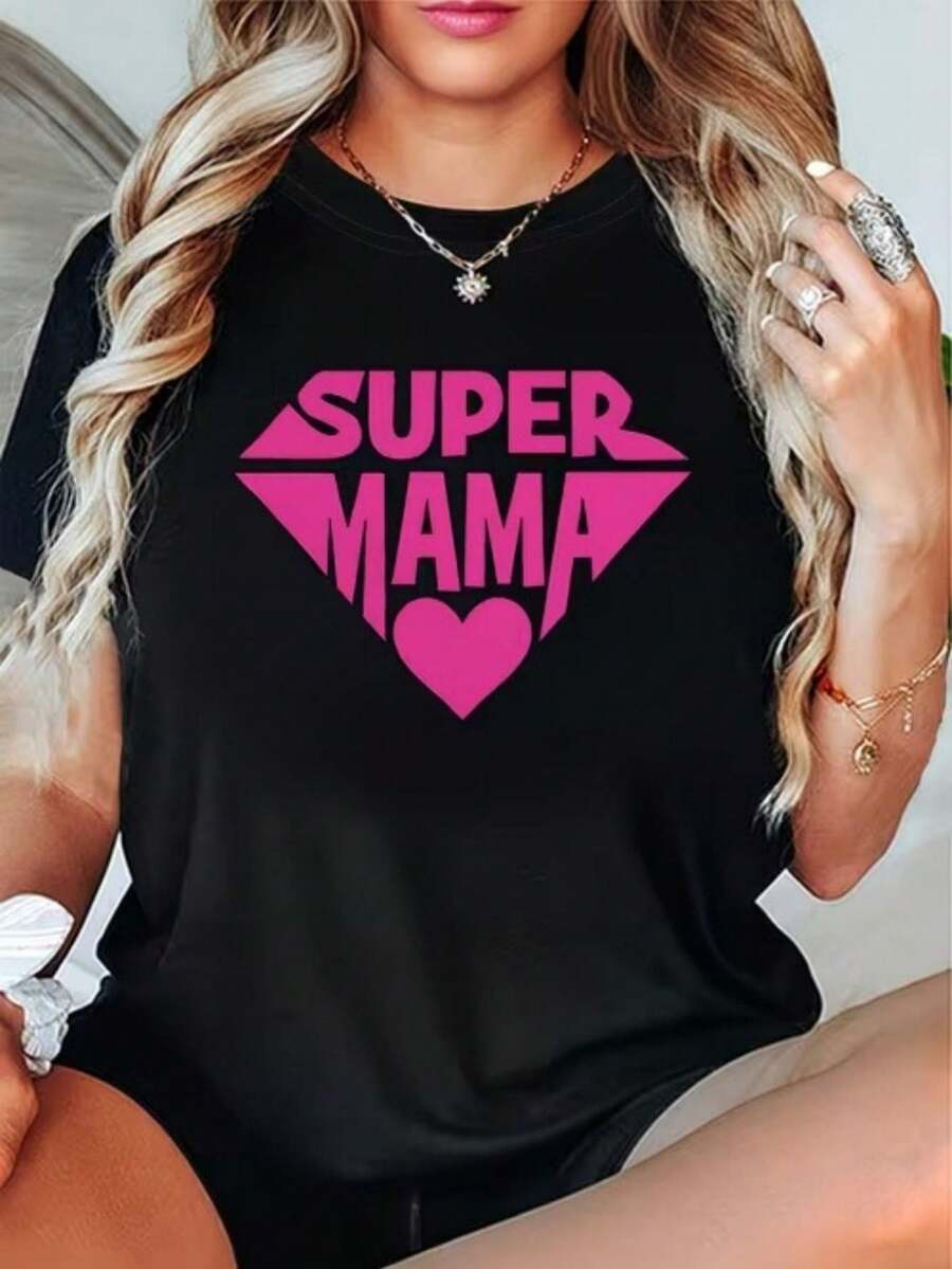 Women's Plus Size Short Sleeve Summer T-Shirt With Round Neck, Breathable And Printed, Pink With The Phrase "SUPER MAMA" And A Heart, Suitable For All Seasons, Simple, For Holiday Gifts, Daily Wear, Very Suitable For Cool Summer - 黑色 - 查看 1
