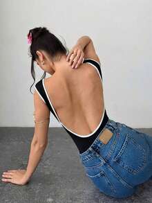Body de unicolor con escote pronunciado y espalda descubierta, sexy y versátil para vacaciones y fiestas - Negro 3 - Ver 1