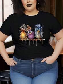 Women's Black Short-Sleeved T-Shirt With A Fun Cat Print, Round Neck, Soft And Micro-Elastic Casual Design, Cool And Breathable, Attractive Retro Bohemian Style,  Girl Top, Suitable For Daily Comfort And Relaxation. - 黑色 - 查看 1