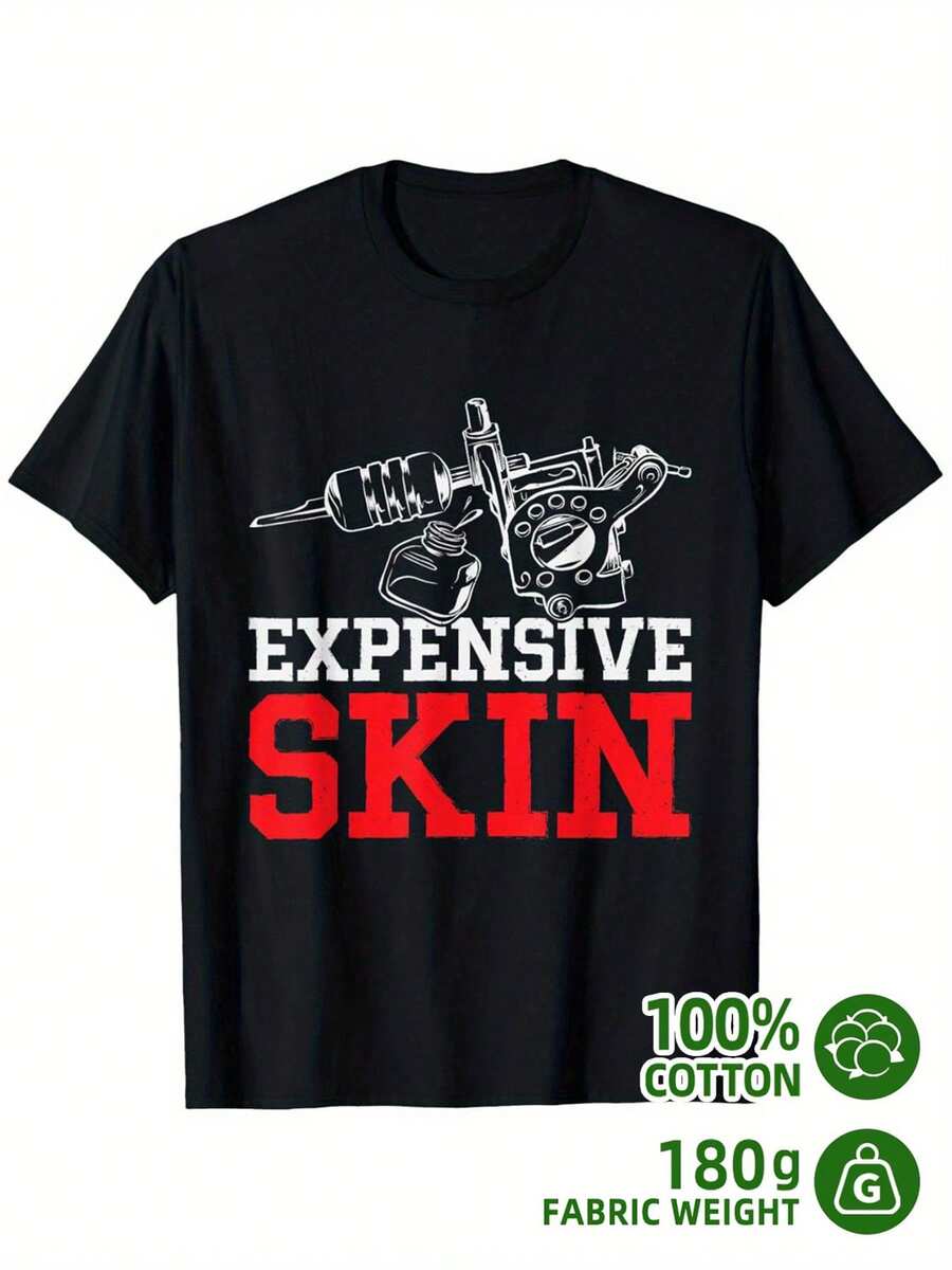 This Casual Short-Sleeved, Crew-Neck T-Shirt Features A Tattoo Machine Design And The Phrase 'Expensive Skin' For Tattoo Artists. With Its Crisp, Streamlined Cut, This Garment Creates A Clean And Vibrant Look. Its Relaxed Yet Flattering Silhouette Suits All Body Types, Offering A Style That Is Both Casual And Sophisticated. - 黑色 - 查看 1