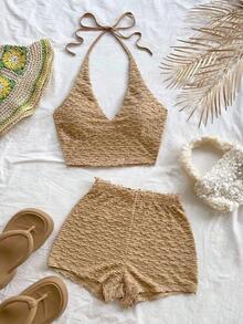 a Conjunto de 2 piezas de top de punto texturizado con escote en V y tirantes finos de color amarillo claro, y shorts, estilo romántico y campestre, bohemio, floral romántico, para vacaciones - Caqui - Ver 1