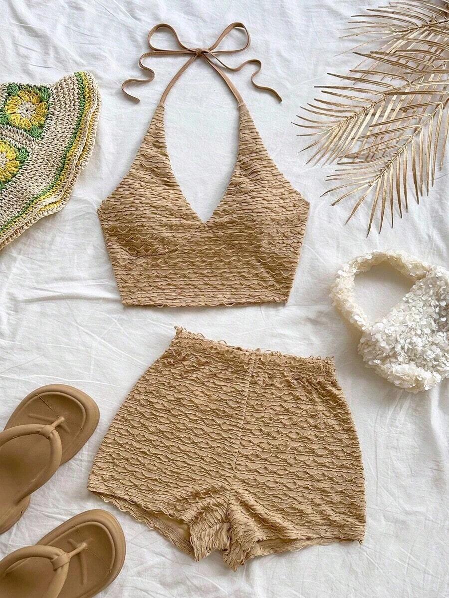 a Conjunto de 2 piezas de top de punto texturizado con escote en V y tirantes finos de color amarillo claro, y shorts, estilo romántico y campestre, bohemio, floral romántico, para vacaciones - Caqui - Ver 1