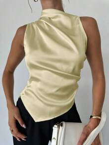Camisa beige sin mangas con cuello con volantes y bajo curvo, una prenda esencial para la oficina y el tránsito diario para mujeres - Champán - Ver 3