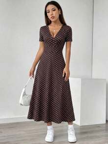 Vestido casual de verano con cuello en V, manga corta y estampado floral diminuto (corte aleatorio) para mujer - Multicolor 2 - Ver 4