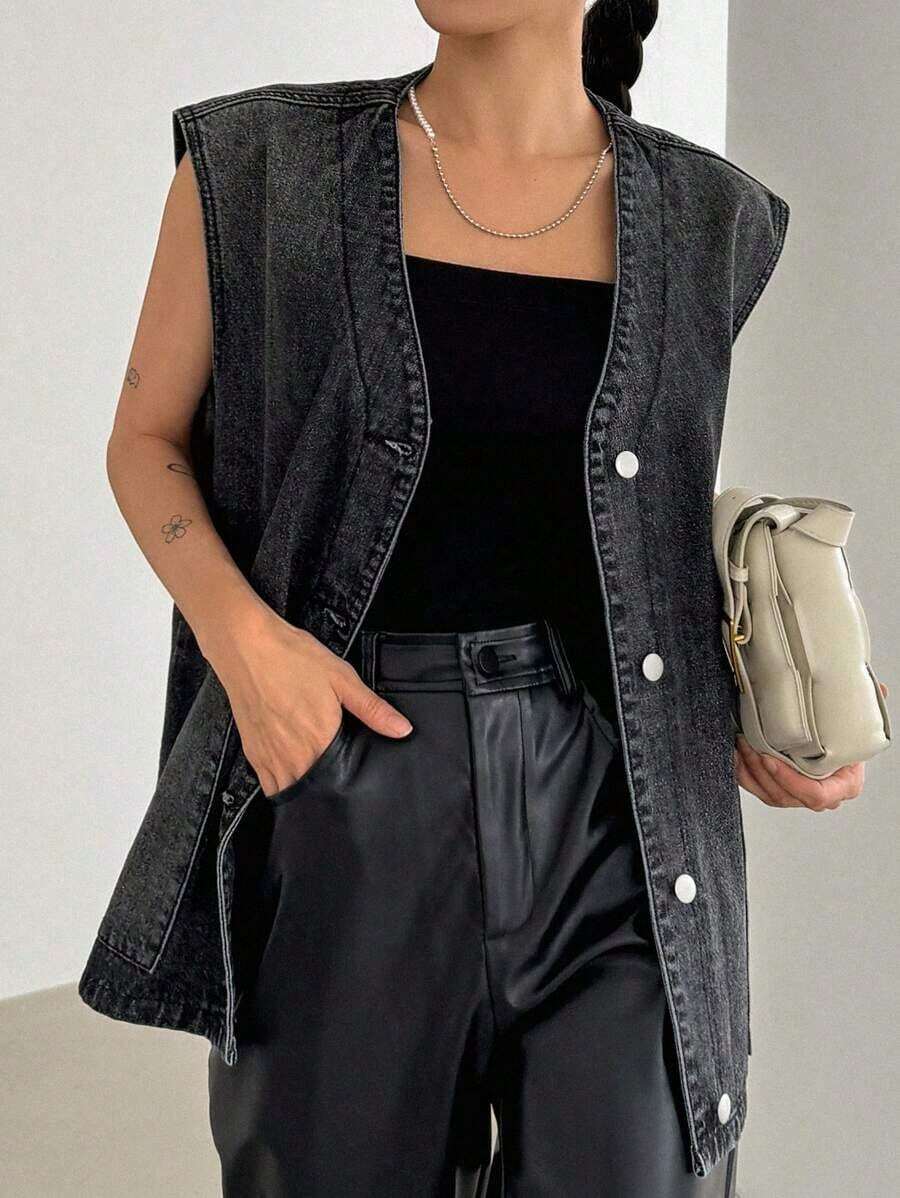 1 pieza Top mezclilla chaleco con botón delantero - Gris - Ver 1