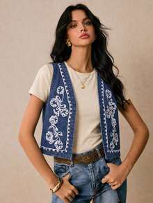 Chaleco de mezclilla con bordado floral para mujer, chaqueta de mezclilla bohemia azul para mujer, chaqueta de mezclilla de frente abierto de moda, parte superior de verano linda para conciertos country Y2K, salir, vintage, otoño - Azul lavado medio - Ver 5