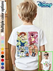 Toy Story All Characters Printed Crew Neck T-Shirt For Boys And Girls: Buzz Lightyear, Woody, Jessie, Strawberry Bear, Alien, Mr. Potato, Ham & Pig - Multi-Character Print Casual Short-Sleeve Top For Children, Disney IP Collaboration T-Shirt - trắng - Xem 1