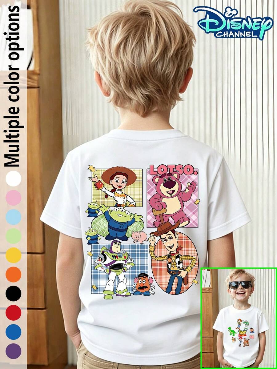 Toy Story All Characters Printed Crew Neck T-Shirt For Boys And Girls: Buzz Lightyear, Woody, Jessie, Strawberry Bear, Alien, Mr. Potato, Ham & Pig - Multi-Character Print Casual Short-Sleeve Top For Children, Disney IP Collaboration T-Shirt - trắng - Xem 1