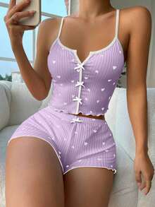 pijama / Pijama con estampado de corazón, ribete contrastante y lazo delantero - Púrpura malva - Ver 7