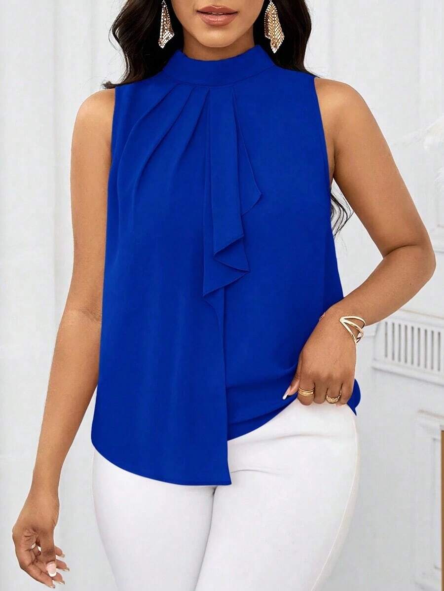 Lady Blusa sin mangas con estampado floral elegante y volante en el bajo, para verano - azul real - Ver 1