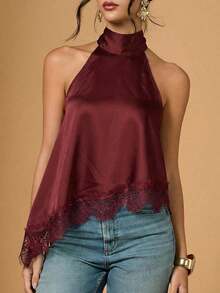 2026 Nuevo Llegado Blusa Asimétrica con Escote Halter y Encaje para Mujer, Top de Verano, San Valentín para Mujeres, Top para Salir, Top Negro, Estilo Old Money, Vacaciones, Primavera Mujer, Día de San Valentín - Burdeos - Ver 5