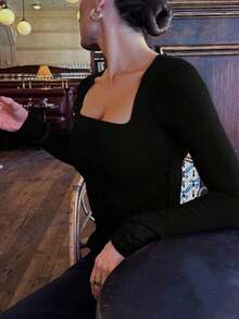 Elegante camiseta básica minimalista vintage casual de uso diario, reversible, de punto con cuello redondo y manga larga para mujer, color negro, para primavera - Negro - Ver 3