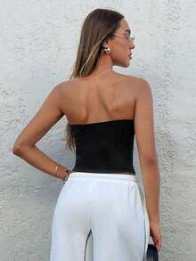 Top de mujer casual y sencillo con tirantes sin hombros y ajuste entallado para vacaciones de verano - Negro 3 - Ver 2