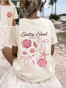 Spring/Summer 2026, New Women's Summer T-Shirt With Round Neck, Shell, Star And Letter Print, Short Sleeve, Casual Style For Beach Vacation, Comfortable Pink Cotton T-Shirt With Double-Sided Print. - 杏色 - 查看 6