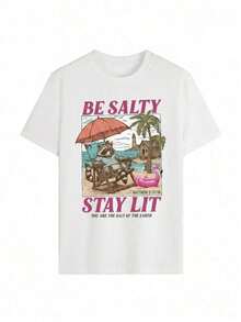 Camiseta gráfica de playa con diseño de mapache para mujer, camiseta divertida con versículo cristiano, top de manga corta holgado de estilo retro costero, camiseta de cuello redondo y hombros caídos de talla grande, ropa de calle cómoda de verano para vacaciones, uso diario, regalo para creyentes cristianos. - Blanco - Ver 3