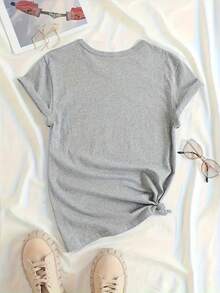 Women's Short Sleeve T-Shirt With Cartoon Rice Ball Design - Light Grey - View 2