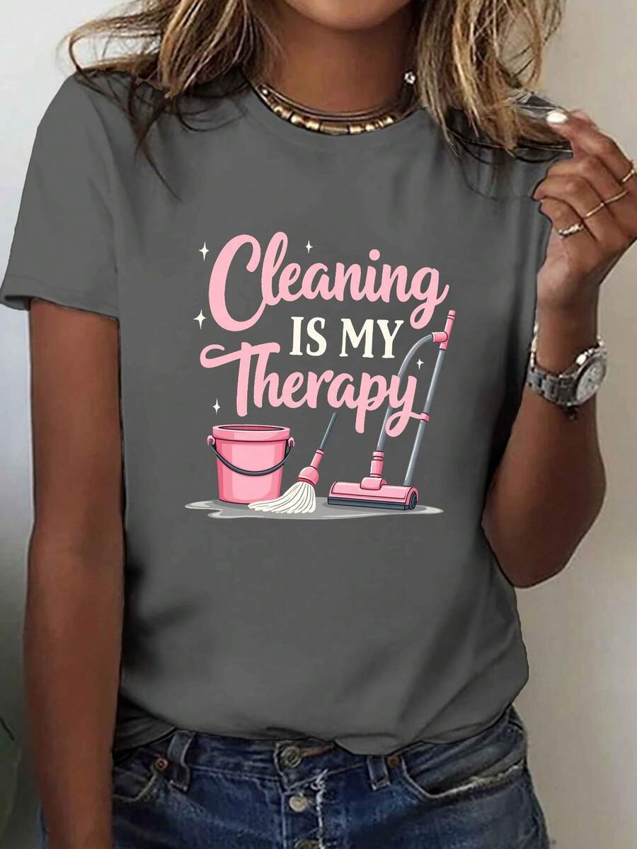 Limpiar es Mi Relajación" Camiseta con Estampado, Manga Corta y Cuello Redondo, Top Casual para Verano y Primavera, Ropa de Mujer - Gris Oscuro - Ver 1