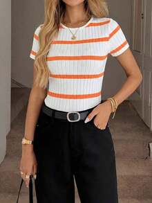 Camiseta de mujer de cuello redondo, ajustada, con textura acanalada, casual, elegante, cómoda para vacaciones y uso diario - Naranja - Ver 3