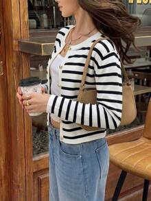 Nuevo cárdigan de punto para mujer de primavera/verano, estilo minimalista casual, cuello redondo de manga larga, diseño de botones de seta, cárdigan abierto amarillo, adecuado para uso casual diario, ir al trabajo, salir, citas de vacaciones - Blanco y Negro - Ver 8