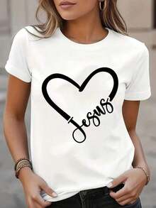 100% cotton Camiseta Casual de Manga Corta para Mujer con Diseño de Corazón de Jesús - Estampado Geométrico Blanco y , Cuello Redondo, Tejido Semitransparente, Lavable a Máquina, Cómoda para Todas las Estaciones, Ajuste Regular, Camiseta Religiosa Gráfica, Ropa Transpirable - Blanco - Ver 6