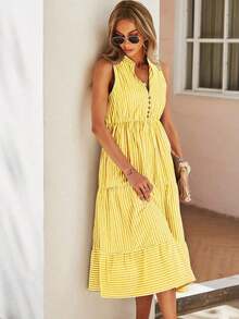 Vestido largo de línea A con cuello en pico y estampado de rayas, atuendo de vacaciones y playa para mujeres - Amarillo - Ver 5