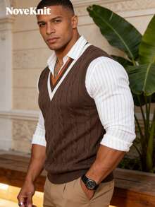男款棕色麻花針織背心，撞色雙滾邊V領學院風無袖復古針織疊穿毛衣 - 咖啡棕 - 查看 4