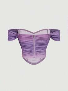 Top crop de hombros descubiertos fruncido bajo asimétrico - Morado - Ver 2